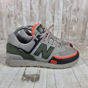 New Balance Women's Gray and Olive Green Sneakers with Neon Orange Accents